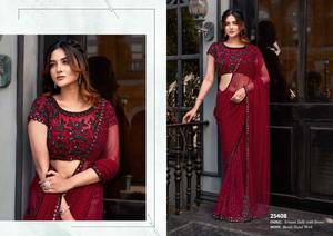 บอลลีวู้ดสารีผ้าไหมซาร์ตินฟลอเรนซ์ส่าหรีที่มีชิ้นส่วนเสื้อที่มีการพิมพ์สกรีนผ้าไหม - Product Image 4