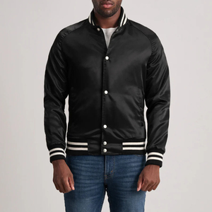 Noir Satin Varsity Bomber Veste Rétro Baseball Style Léger Unisexe Streetwear Classique Collège Coupe-Vent Manteau - Product Image 1