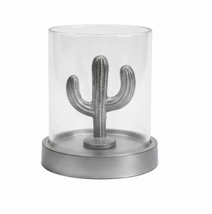 Porte-bougie en verre moderne avec motif de cactus argenté, lanterne décorative de table pour la décoration de la maison et du salon - Product Image 1