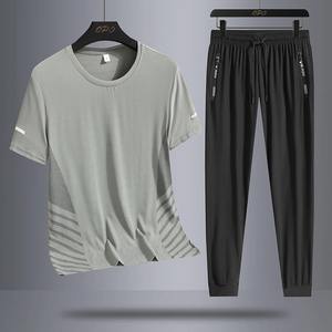 Summer round neck ice silk <b>short</b> <b>sleeved</b> T-shirt and pants sports set, quick drying, sweat absorption, and running two-piece set - Product Image 1