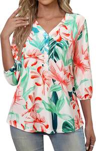 Blouses florales à manches 3/4 pour femmes hauts tuniques tissés avec couches plissées en maille court décontracté coupe ample Style doux Design respirant - Product Image 2