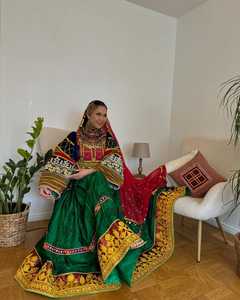 Afghan Kuchi Vintage Bridal Wedding Dress Lace Zippers Embroidery Design Multicolored Tribal Women's Breathable Natural Waist - Product Image 4