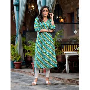 Kurti Droit en Coton Vert Lehariya pour Femme, Ensemble Salwar Ethnique Indien Imprimé à la Main, Tenue de Soirée Moderne, Dernière Collection Cousue - Product Image 5