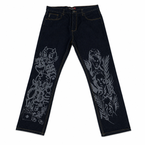 FALLEN ANGELS Jean en denim brodé taille mi-haute, coupe droite style Y2K Hip Hop, avec imprimé clair tricoté pour l'hiver et déchirures - Product Image 1