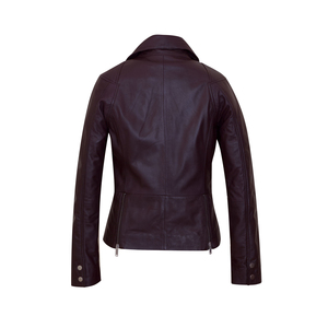 Veste moto en cuir véritable pour femme, manches longues, col rabattable, fermeture éclair, style automne - Product Image 2