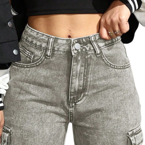 Custom Womens <b>Light</b> Grey Wide Leg Cargo Jeans Mid Regular Fit for Wash Denim Utility Streetwear Pants Everyday 100% Cotton - Product Image 3