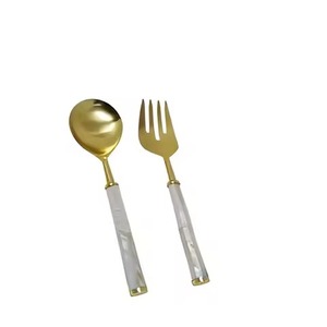 Ensemble de service à salade moderne de luxe en bois de taille standard avec poignée en pierre de marbre pour ustensiles de cuisine essentiels couverts - Product Image 5