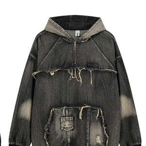 Nueva tendencia de moda Sudaderas con capucha de mezclilla Estilo Wasteland Costura lavada Hombres Casual Regular Fit Invierno Impreso 100% Algodón - Product Image 4