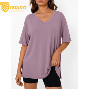 Camiseta básica de gran tamaño con logotipo estampado personalizado de peso pesado, camiseta de talla grande de alta calidad a la moda para mujer, Camiseta 100% de algodón con cuello en V - Product Image 4