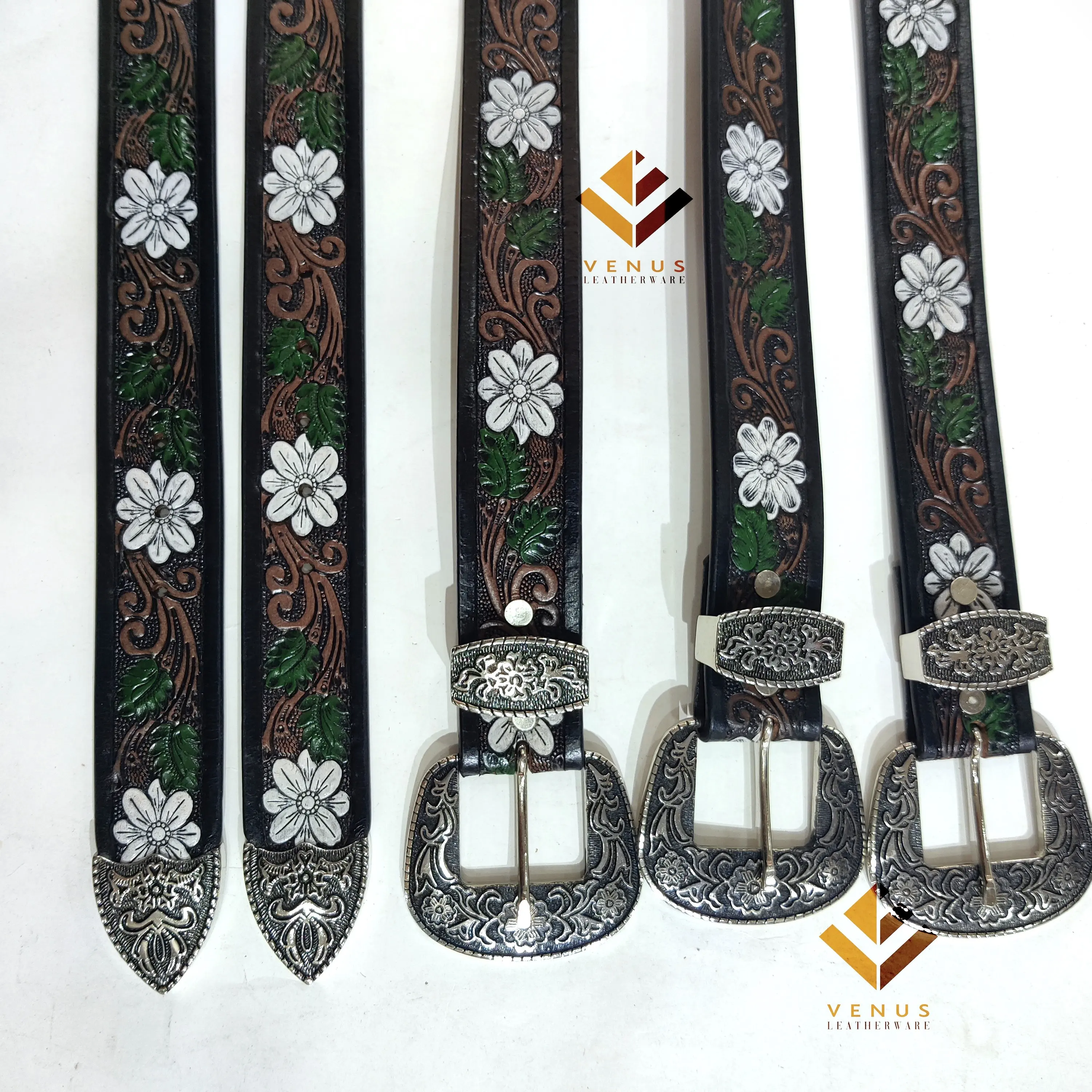 Woman's Tooled Western Style Steer White Flower Buck stitched Cowgirl Custom Rodeo Hand Tooled Leather Western Belt