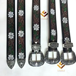 Wanita Tooled Gaya Barat Steer Bunga Putih Buck Dijahit Cowgirl Kustom Rodeo Tangan Tooled Kulit Sabuk Barat