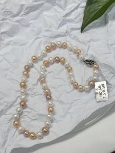 S925 <b>Sterling</b> <b>Silver</b> 7.5-8.5mm Freshwater <b>Pearl</b> <b>Necklace</b> White & Pink Multicolor Natural <b>Pearl</b> Strand Jewelry for Women - Product Image 2