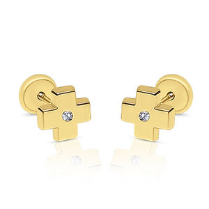 Boucles d'oreilles unisexes élégantes en or jaune avec pierre zircon CZ, accessoire de mariage ou de fiançailles pour les fêtes et les cadeaux. - Product Image 1