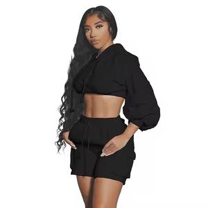 Autumn Women's Casual Hooded Sweatshirt and Drawstring <b>Shorts</b> 2-Piece Sets Loose Solid <b>Fleece</b> Eco-Friendly Jogging Sets - Product Image 4
