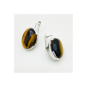 Boucles d'oreilles clous en cabochon œil de tigre 100 % naturelles et abordables, fabriquées à la main en argent sterling 925 véritable pour un usage quotidien - Product Image 1