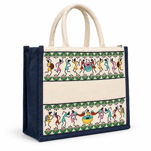 Navy Blue Tribal Beats Warli Embroidered Cotton Juco Hamper <b>Gift</b> <b>Bag</b> with Zipper 12x10x4 Inch - Product Image 2