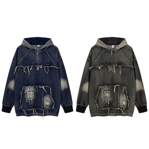 Sudadera con Capucha de Mezclilla de Moda, Estilo Wasteland, Lavada, con Costuras, Informal para Hombre, Corte Regular, Invierno, Estampada, 100% Algodón - Product Image 5