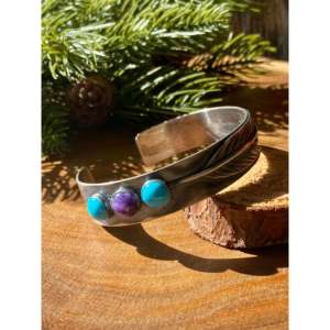 Tony Yazzie Fashion <b>Cuff</b> Bracelet Multi-Stone & Sterling Silver <b>Feather</b> Design - Product Image 3
