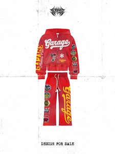 Ensemble sweat à capuche et pantalon pour hommes Garage Members Only, streetwear, zippé, surdimensionné, en polyester tricoté, rouge, bleu, noir - Product Image 2