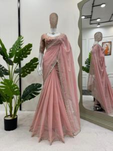 Saree ออกแบบที่สวยงามด้วยด้ายและลำดับการทำงานและเสื้อ - Product Image 4