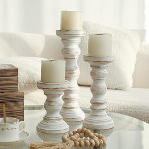 Premium Hand Carved Mango Wood <b>Pillar</b> <b>Candle</b> <b>Holder</b> Set of 3 Rustic White Decorative Wooden Tabletop <b>Candle</b> Stands Cheap Price - Product Image 4