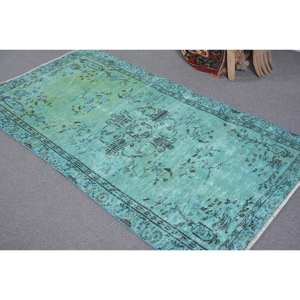 Tapis turc vintage 3.3 x 6.2ft bleu vert Patchwork Design laine tissage plat pour salon décor Latex soutenu - Product Image 4