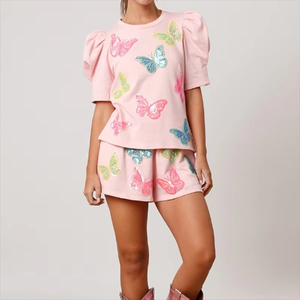 Conjunto de camisetas y pantalones cortos informales de media manga para mujer OEM, el mejor chándal de 2 piezas con mariposa de lentejuelas para verano - Product Image 6
