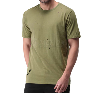 เสื้อยืดผู้ชายสไตล์ลำลองแบบสบายๆ ผ้าโพลีเอสเตอร์/คอตตอนผสม ทรงหลวม แต่งดีเทลขาดๆ สไตล์ไฮสตรีท รับสกรีนโลโก้ ขายส่งในปากีสถาน - Product Image 3