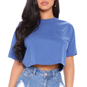 เสื้อยืดครอปทรงหลวมคอกลมสุดเซ็กซี่ของผู้หญิงเสื้อยืดผ้าฝ้ายออร์แกนิก100% แขนสั้นมีกระเป๋าแฟชั่น - Product Image 1