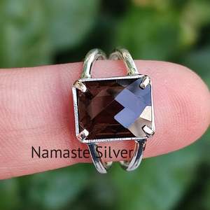 Handmade Boho <b>Statement</b> <b>Ring</b> Smoky Quartz Silver Cushion Checker Cut Brown Gemstone Fine Sterling Silver Birthday Gift for Him - Product Image 3