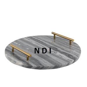 Plateau de service en marbre avec design fabriqué à la main Taille personnalisée et plateau de service de forme arrondie Poignée dorée - Product Image 1
