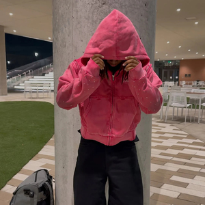 Sweat à capuche personnalisé streetwear, lourd, délavé, à trois fermetures éclair, avec empiècements, effet délavé à l'acide, strass - Product Image 3