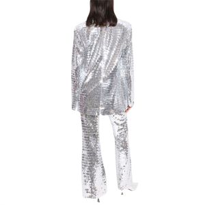 Pantalon orné de paillettes ton argent taille haute coupe évasée dissimulée fermeture éclair latérale fête pantalon de déclaration de mode - Product Image 5