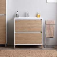 Meuble de salle de bain Koricini 80 cm sur pied, collection Lyon contemporaine, vasque en céramique, finition chêne blanc, rangement, origine Italie