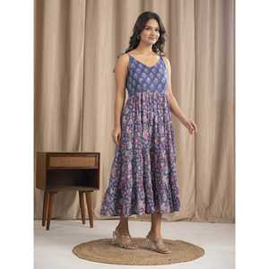 Vestido largo de algodón Mulmul azul con tirantes, estampado a mano, estilo gótico casual, transpirable, talla XS, ideal para fiestas de verano. - Product Image 6