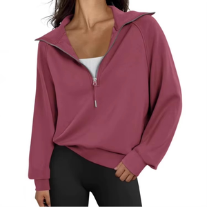 2025 été européen américain femmes demi-fermeture éclair sweat nouveau court col montant Plus velours couleur unie grande taille - Product Image 1