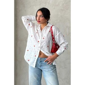 Blusa Casual de Manga Larga para Mujer TOPSHOW, Roja, Bordada con Broderie Anglaise, de Algodón y Poliéster, para Uso Diario - Product Image 1