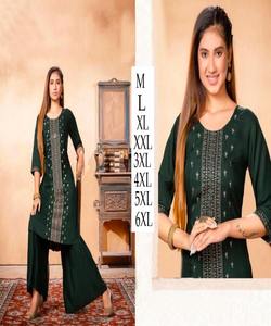 Designer Party Wear Coton Soie Rayonne Brodé Pierre Travail Beige Couleur Kurti avec Palazzo Indian Ladies Wear Dernière Collection Alphanumero - Product Image 4