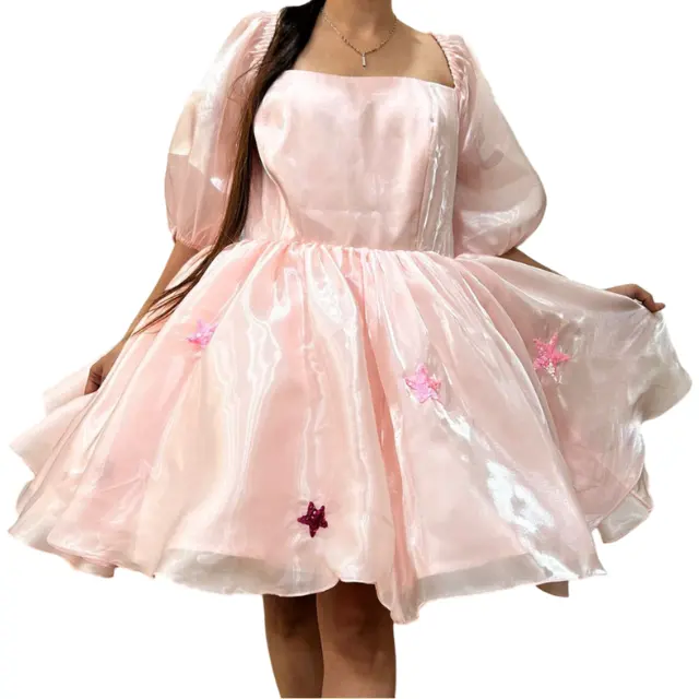 puffärmel Swiftie Fan-Kleid Vierkant-Ausschnitt-Kleid Swiftie Perlen-Patches gestaffelt Damen Swiftie Konzertkleid