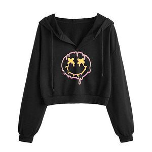 เสื้อครอปมีฮู้ดแขนยาวสำหรับผู้หญิง, เสื้อสเวตเตอร์แบบสวมหัวมีเชือกรูดเสื้อครอปมีฮู้ดโอเวอร์ไซส์พิมพ์โลโก้ - Product Image 5