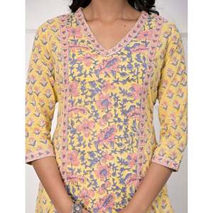 Yellow Jaal <b>Block</b> <b>Printed</b> Straight Kurti Traditional Indian Ethnic Cotton Straight Dress for Daily Wear Parties Floral Rayon - Product Image 2