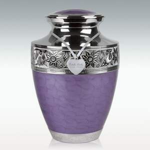 Urne funéraire moderne en métal à motif floral violet |   Urne funéraire cylindrique en aluminium artisanale, capacité 3-4L |   Urne personnalisable - Product Image 1