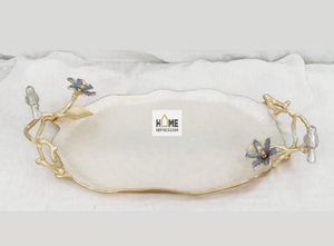 Bandejas de Chocolate de Lujo Hechas a Mano con Mango de Aluminio de Color Dorado Diseño Floral Bandeja de Mesa para Servir Comida Forma Ovalada - Product Image 4