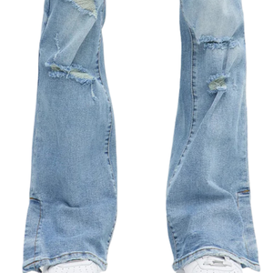 Jean évasé bleu clair pour homme, en denim déchiré mi-léger, délavé aux enzymes, décontracté, extensible, respirant, 100 % coton - Product Image 5