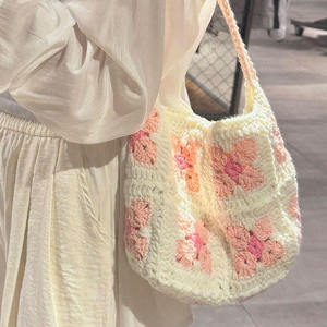 Crochet Wholesale Finished Handwoven Fashion Women's <b>Shoulder</b>/Crossbody Tote Bag Two <b>Straps</b> Zip Canvas Knitted Floral Pattern - Product Image 4
