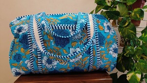 Handmade Luxury Blue Bold Floral Print Quilted Cotton Duffle Bag Detachable Long <b>Belt</b> Yoga Gym Large Capacity - Product Image 3