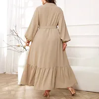Robe longue grande taille pour femme à manches longues, col montant, taille nouée, ourlet à volants, en polyester, faible MOQ