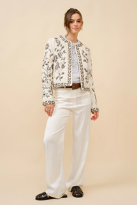Veste zippée en coton brodé mélangé avec col rond épaules bouffantes coupe décontractée-teint respirant pour le printemps et l'hiver - Product Image 4