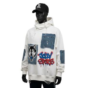 Nouveau sweat à capuche oversize pour homme 2025, coton premium, polaire poly, 380 GSM, blanc, streetwear, panneau en denim, logo personnalisé, sweat à capuche basique - Product Image 4