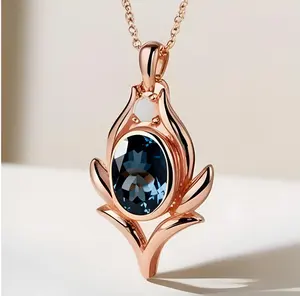 925 Silver Moissanite Round Brilliant Cut London <b>Blue</b> <b>Topaz</b> Women's Pendant <b>Necklace</b> Gold and Rose Gold Plated Charm Pendants - Product Image 2